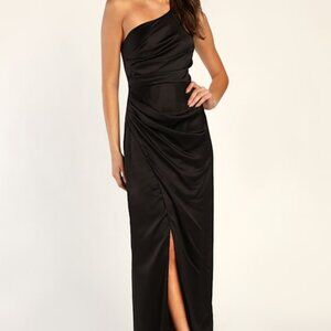Lulus Dreaming Of Elegance Black Satin One-shoulder Maxi Dress - Size M
